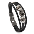 Men's multi-layer black braided leather bracelet with silver dollar sign and metal beads - Dollar Sign Style / Dollar Sign Black