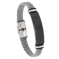 Pulsera de cuero trenzado gris con placa de identificación de metal negro y cierre de acero - Cuero Gris + Accesorios Negros