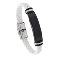 Pulsera de cuero blanco trenzado con placa de metal negro y cierre de acero inoxidable - Cuero Blanco + Accesorios Negros