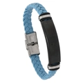 Pulsera trenzada de cuero azul claro para hombre con placa de metal negro y cierre de acero - Cuero Azul Menta + Accesorios Negros