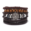 Men's retro layered braided leather bracelet set with sunflower metal charm and wood beads - Style T