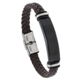 Pulsera para hombre de cuero trenzado marrón con placa de metal negro y cierre de acero - Cuero Marrón + Accesorios Negros