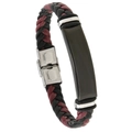 Pulsera de hombre en cuero trenzado negro y burdeos con placa metálica mate - Negro & Rojo + Accesorios Negros
