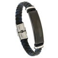 Pulsera trenzada para hombre en cuero negro y azul con placa de metal mate y cierre de acero - Negro & Azul + Accesorios Negros