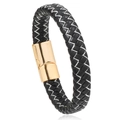Pulsera minimalista para hombre de cuero trenzado negro con cierre magnético dorado - 23cm / Negro Blanco Con Hebilla Dorada