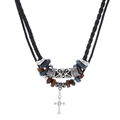 Collier avec pendentif croix argentée vintage et perles colorées pour hommes - Noir