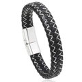 Men's minimalist braided black leather bracelet with a polished silver magnetic clasp - Black White With Silver Buckle