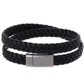 Men's double-wrap braided black leather bracelet with a polished silver magnetic clasp - Black