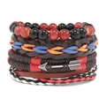 Men's multilayer leather punk bracelet set with beaded weave and metal arrow charms - Four-Piece Set
