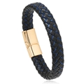 Braided black leather bracelet with blue stitching and polished gold magnetic clasp - Black Blue With Gold Buckle