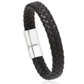 Men's black braided leather bracelet with a polished silver magnetic metal clasp - Black Red With Silver Buckle