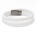 Minimalist white double-layer woven leather bracelet with gun-black magnetic metal clasp - White