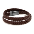 Men's double-wrap dark brown woven leather bracelet with a black magnetic clasp - Coffee
