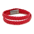 Double-layered red braided leather wrap bracelet with dark grey magnetic metal clasp - Burgundy