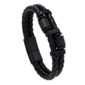 Men's multilayer woven black leather bracelet with textured metal rings and magnetic clasp - 19cm / Black