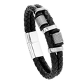 Men's multilayer braided black leather bracelet with silver magnetic buckle and metal rings - 19cm / Steel