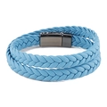 Sky blue braided leather multi-layer bracelet with gun black magnetic clasp - Mint Blue