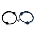Magnetic heart woven couple bracelets set in black and navy blue adjustable cord - Black And Azure