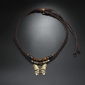 Vintage butterfly pendant necklace with handmade wooden beads on dark braided rope - Butterfly Coffee Rope