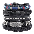 Set bracciali bohémien in pelle multistrato con ciondolo piuma e perline etniche - Set da 5 Pezzi Combinazione