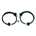 Adjustable magnetic heart couple bracelets in black and dark green braided rope - Black And Dark Green