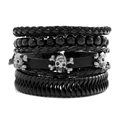 Punk style multilayer braided leather bracelet with silver skull charms and black beads - Style A