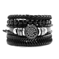 Men's multilayer braided leather bracelet with black beads and vintage silver star pendant - Style B