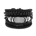 Men's retro multilayer braided leather bracelet set with black beads and silver metal tags - Style C