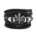 Men's multilayer leather bracelet set with silver hemp leaf charm and black beads - Style E