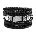 Men's multi-layer black leather bracelet set with wooden beads and stainless steel clasp - Style F