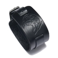 Men's retro black leather cuff bracelet featuring embossed wolf head punk style design - Black
