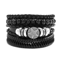 Men's vintage multilayer braided black leather bracelet with beads and silver star charm - Style J