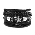 Multilayer black woven leather bracelet for men featuring silver star charm and beads - Style K