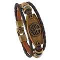 Men's vintage tree of life braided leather bracelet with bronze charms on white background - Brown