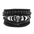 Men's multilayer leather bracelet with black beads and a silver skull charm - Style L