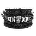 Men's punk multilayer black leather braided bracelet set with silver skull charms - Style M