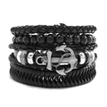Retro multi-layer black braided leather bracelet with wooden beads and silver anchor charm - Style N
