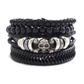 Men's multilayer black braided leather bracelet featuring skull charms and beads - Style O