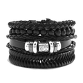 Men's vintage black multilayer leather bracelet with wooden beads and silver metal charms - Style P