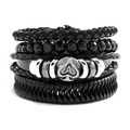 Men's vintage multilayer braided black leather bracelet with silver Ace of Spades charm - Style Q