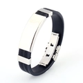 Men's black silicone bracelet with silver stainless steel plate and Greek key pattern - Black