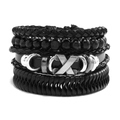Men's vintage multilayer braided leather bracelet with black beads and X metal clasp - Style R