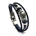 Detail of multi-layer punk leather bracelet with industrial wrench metal charm and clasp - Wrench Style / Wrench Black