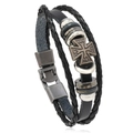 Detail of multi-layer leather bracelet with bronze cross and punk metallic beads - Cross Style / Cross 02