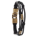 Pulsera multicapa de cuero trenzado negro con adornos de bronce vintage y cierre metálico - Negro