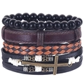 Vintage 4-piece men's leather bracelet set with woven straps and cross charm - Four-Piece Set