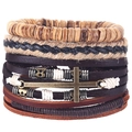 Retro multi-layer leather bracelet set with bronze cross pendant and wooden beads - Retro Cross Multilayer Combination Set
