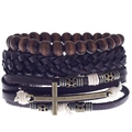 Detail view of multilayer leather bracelet with wooden beads and bronze cross charm - Bronze Cross Dark Brown Wood Beads Style (HM-70237-L)