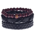 Detail view of men's vintage multi-layer bracelet set with wood beads and braided leather - Red Buddha Beads Black Leather Woven Style (HM-70237-B)