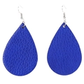 Blue teardrop earrings with lychee texture leather and silver hook hangers on white base - Blue